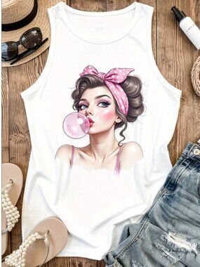 Pin-Up Bubblegum Graphic Tank – Chic Feminine Summer Top